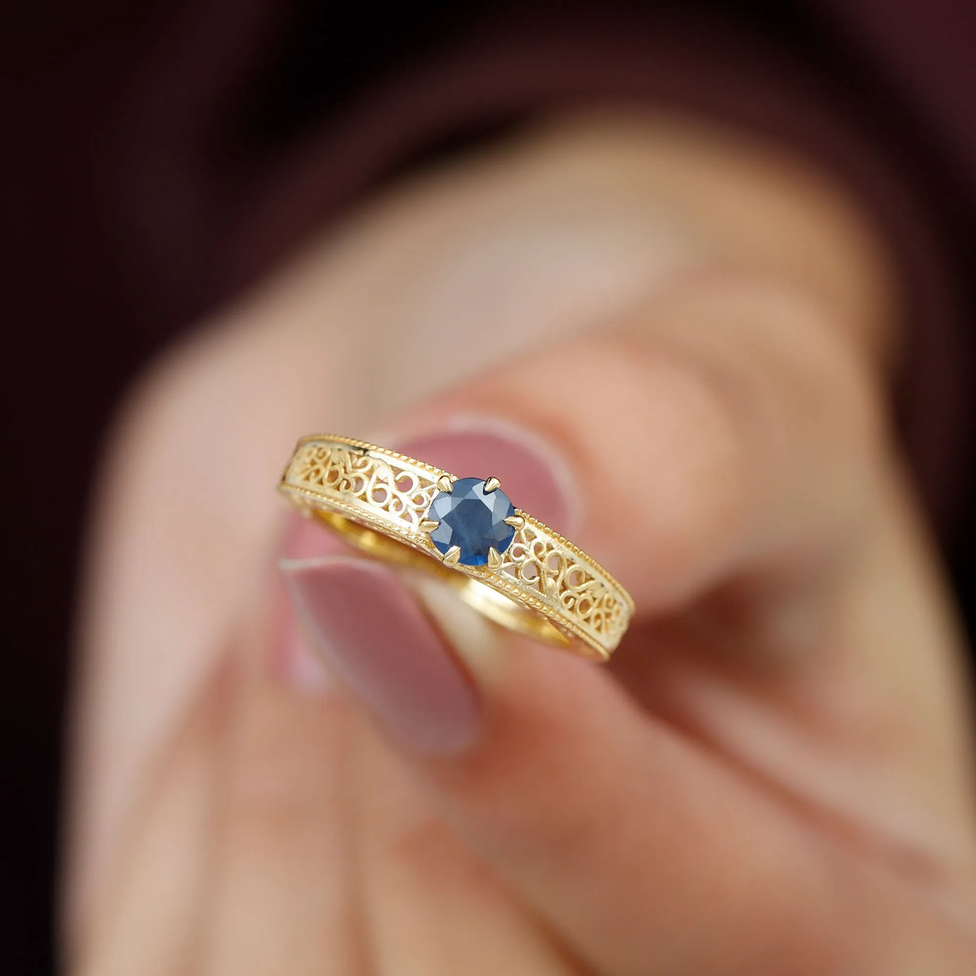 1 CT Round Cut Solitaire Blue Sapphire Filigree Engagement Ring
