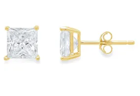 10k Yellow Gold Plated Created White Sapphire 2 Carat Princess Cut Stud Earrings