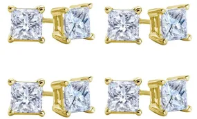 10k Yellow Gold Plated Created White Sapphire 4 Carat Square Cut Pack of Four Stud Earrings