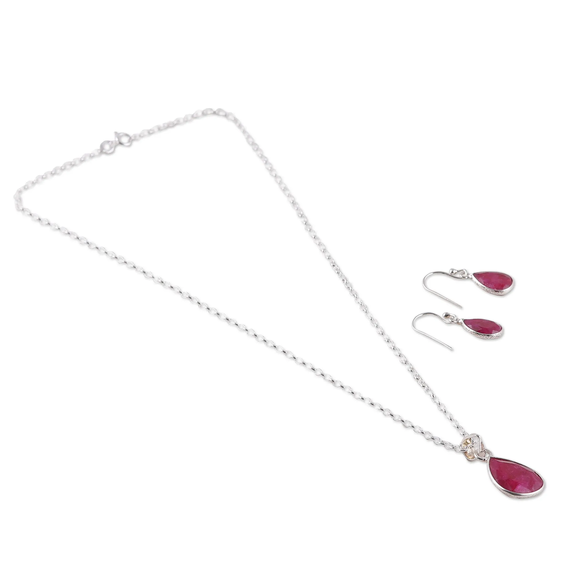 18-Carat Faceted Ruby Necklace and Earrings Jewelry Set - Blissful Ruby | NOVICA