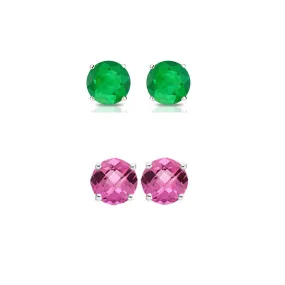 18k White Gold Plated 3Ct Created Emerald and Pink sapphire 2 Pair Round Stud Earrings