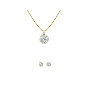 18K Yellow Gold 3ct Halo White Sapphire Round 18 Inch Necklace and Halo Earrings Set Plated