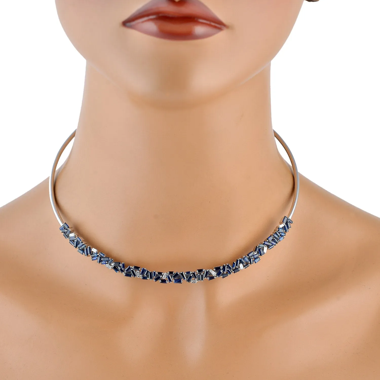 Baguette Blue Sapphire & Diamond Wedding Cuff Necklace In 18k White Gold