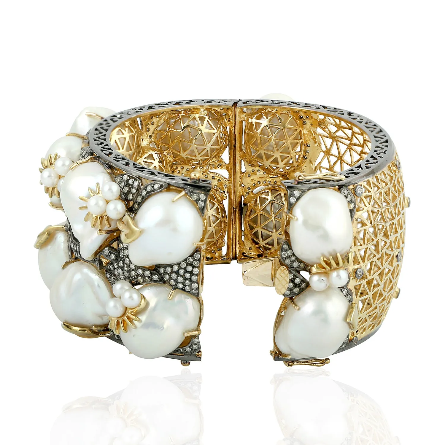 Baroque Pearl Pave Diamond & Sapphire Bangle 925 Sterling Silver 18k Gold Jewelry