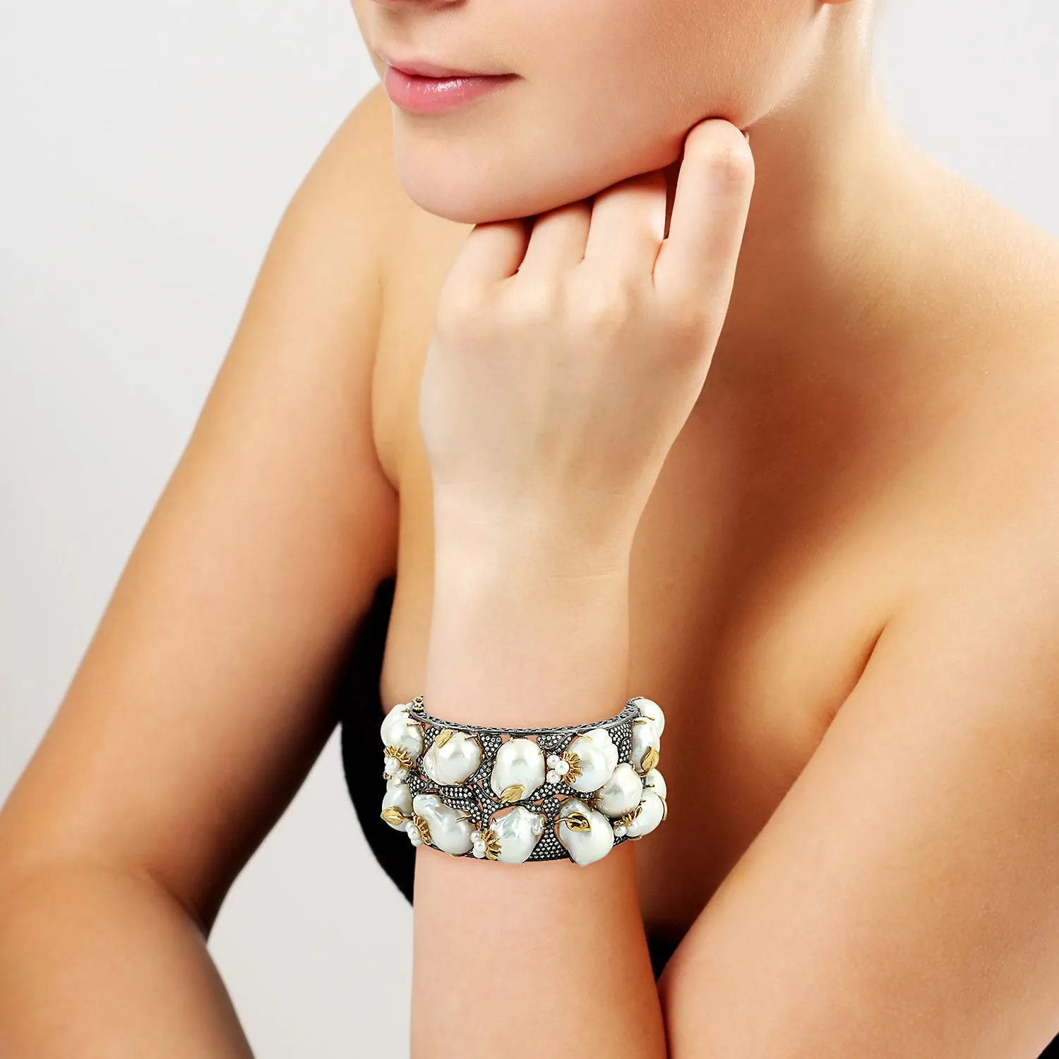 Baroque Pearl Pave Diamond & Sapphire Bangle 925 Sterling Silver 18k Gold Jewelry