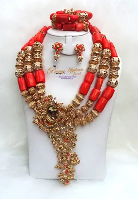 Celebrant Detailed Real Traditional Bridal Groom Wedding 100% Coral Complete Bride Men Necklace Jewellery Set