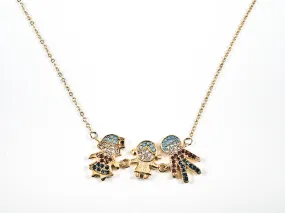 Cute Multi Color Stone Parent Child Pendant Charm Gold Tone Steel Necklace