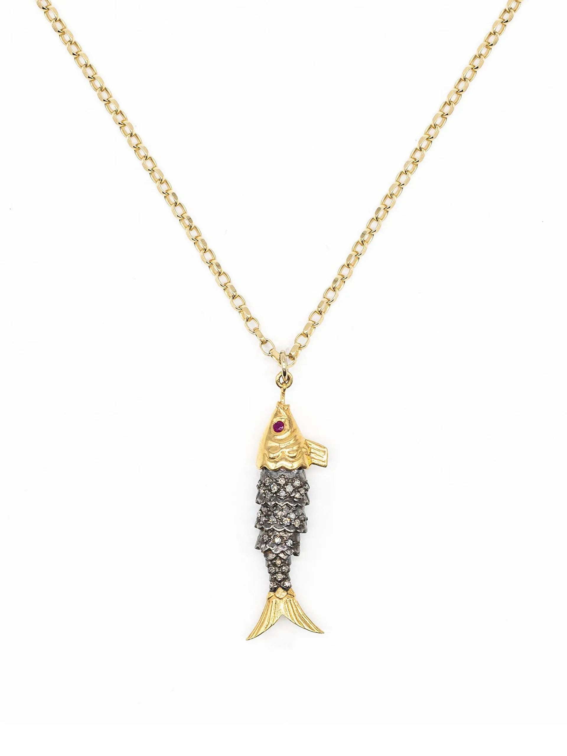 Diamond and ruby fish necklace