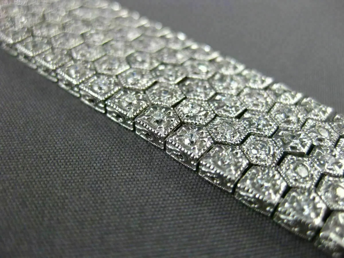 ESTATE WIDE 7.68CT DIAMOND 18KT WHITE GOLD 3D MULTI ROW HEXAGON TENNIS BRACELET