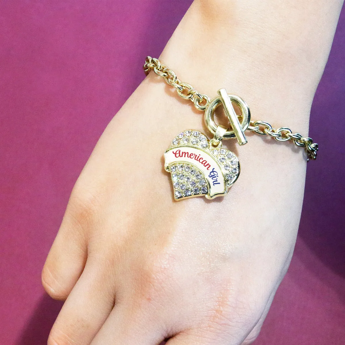 Gold Colored Script American Girl Pave Heart Charm Toggle Bracelet