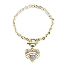 Gold Colored Script American Girl Pave Heart Charm Toggle Bracelet