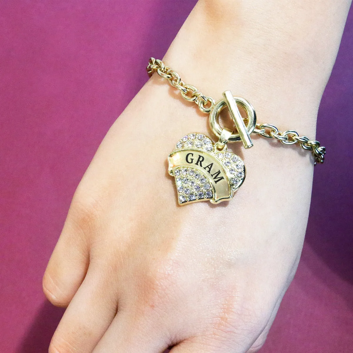 Gold Gram Pave Heart Charm Toggle Bracelet