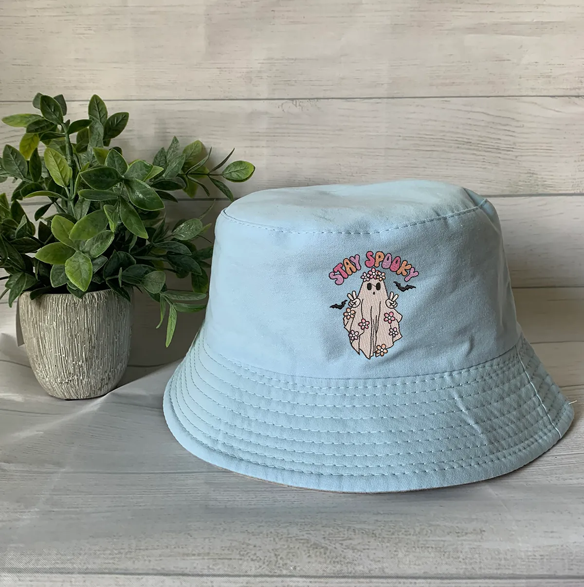 Halloween Embroidery Spooky Flower bucket hat ,Halloween Ghost Bucket Hat  Personalized Embroidery Text/Logo/Artwork/ Custom Bucket Hat, Themed Bucket Hat ,