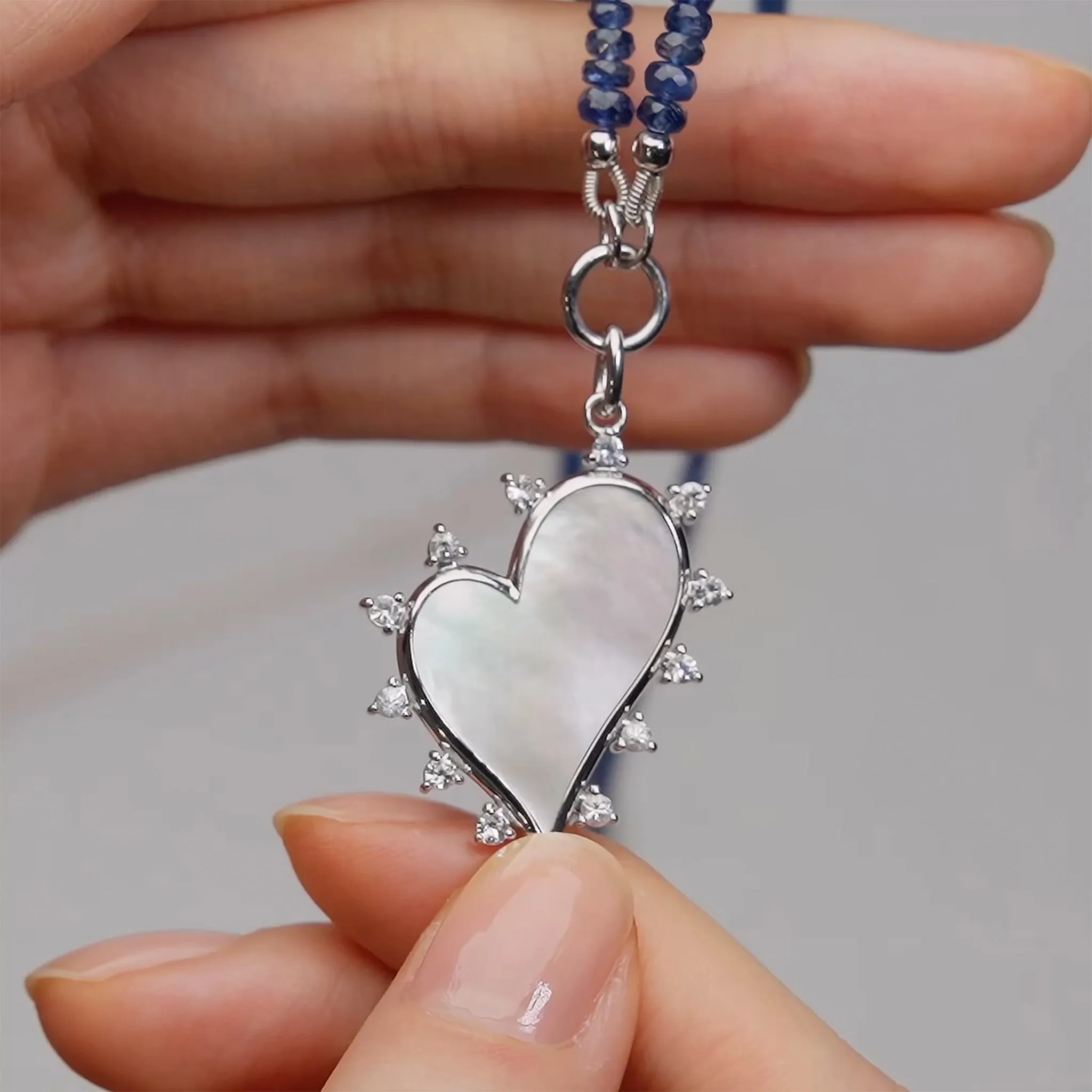 Large Mother of Pearl Heart Pendant on Blue Sapphire Gemstone Necklace
