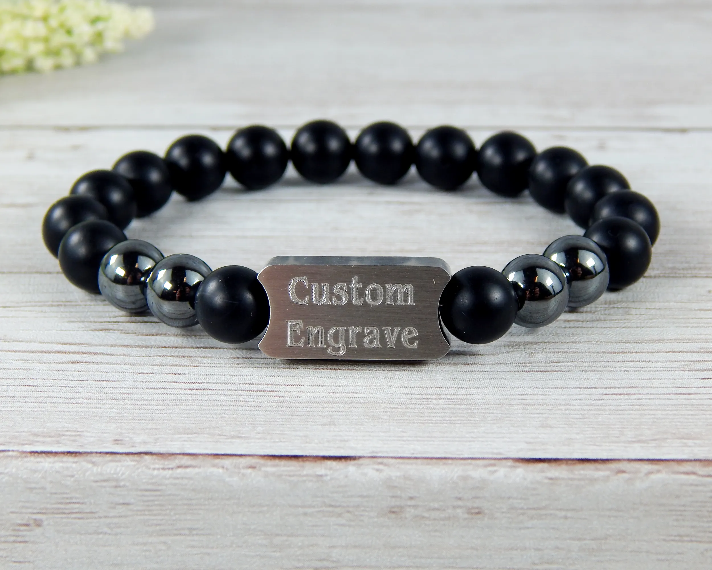 Mens Engraved Black Beaded Bracelet - Personalized Jewelry for Men