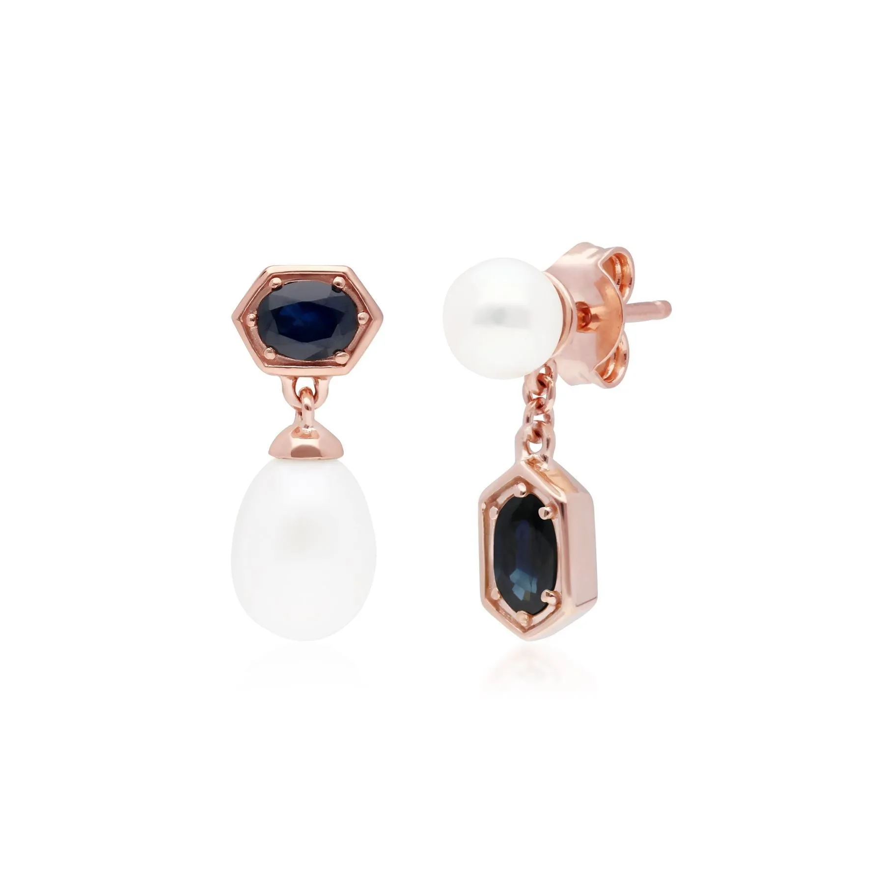 Moderne Perle & Saphir Ring & Ohrring Satz in Rose Vergoldetem Sterling Silber