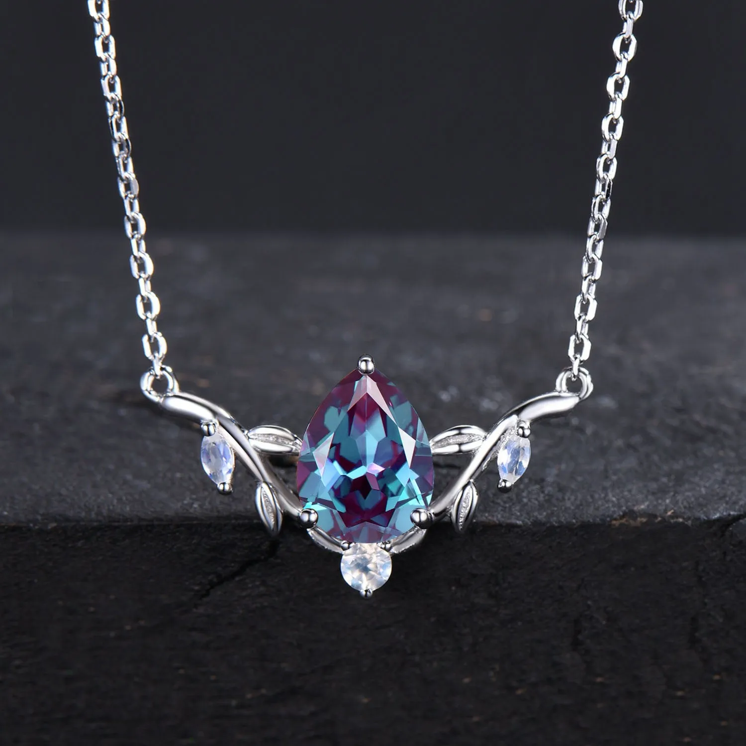 Nature Inspired Teardrop Alexandrite Necklace Rose Gold Branch Leaf Vine Bridal Necklace Unique Moonstone Pendant Anniversary Proposal Gift