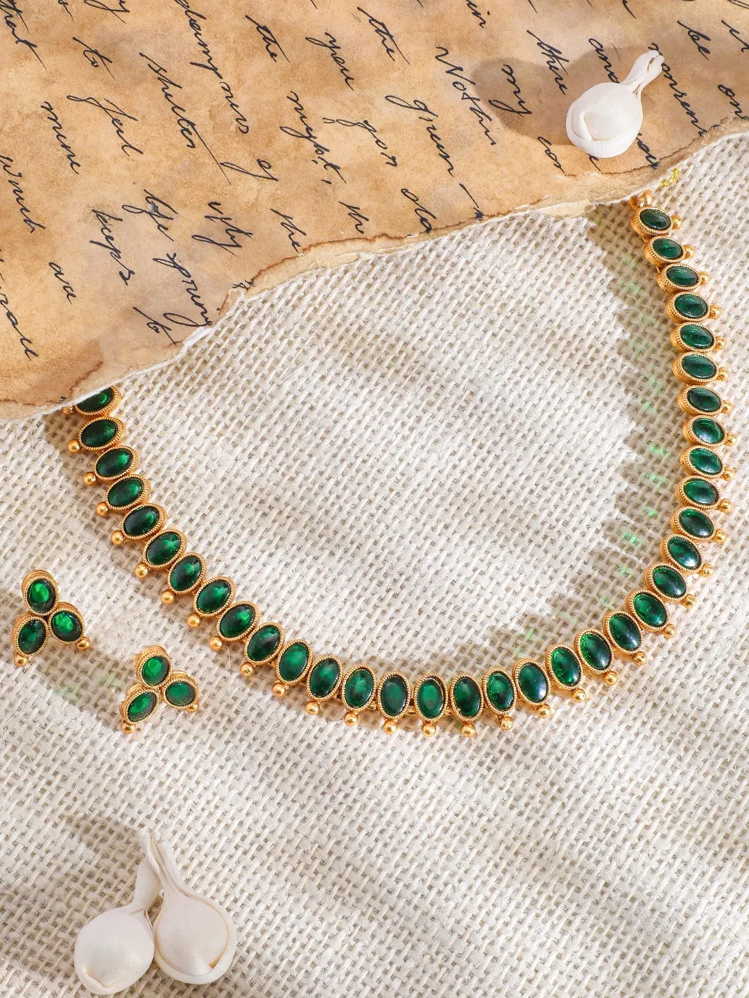 Rubans 18K Gold-Plated Emerald Studded Traditional Necklace Set