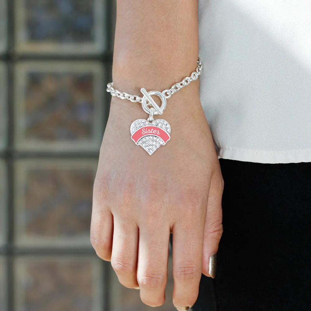 Silver Coral Sister Pave Heart Charm Toggle Bracelet