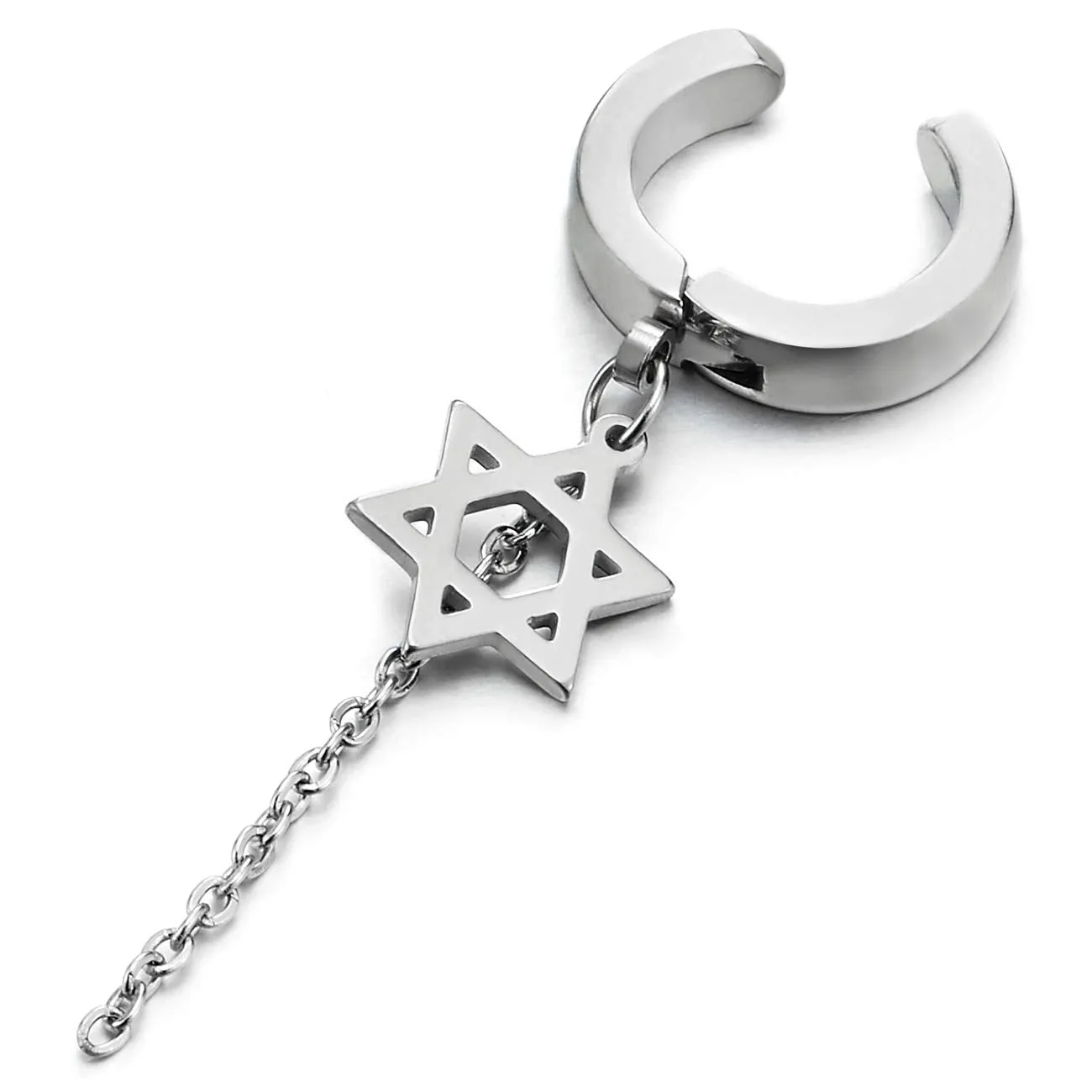 Steel Huggie Hinged Hoop Ear Clip Non-piercing Clip on Earring Dangling Star of David and Long Chain