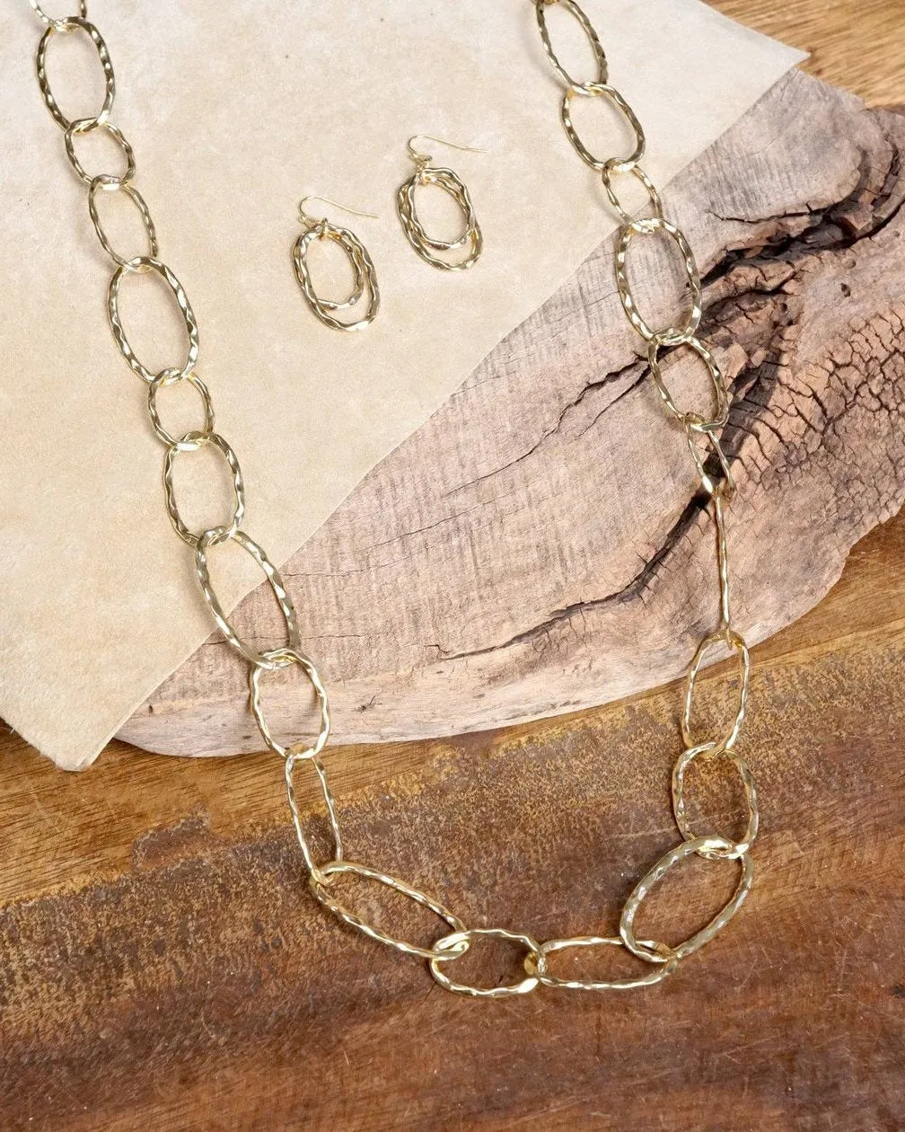 Versatile Hammered Gold Link Toggle Necklace with Earrings