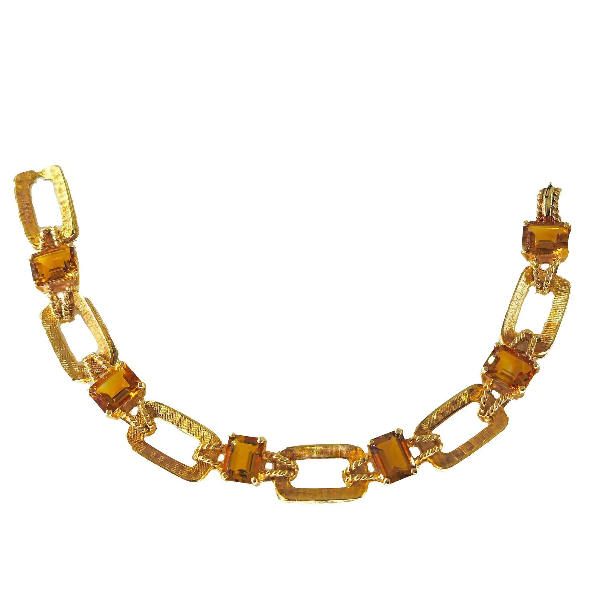 Vintage Retro 18.90ctw Emerald cut Citrine Line Link 14k Yellow Gold Bracelet