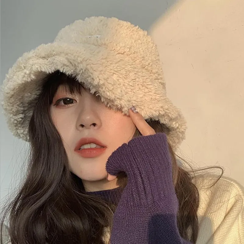 Warm Women Bucket Hat Winter Suede Artificial Fur Thick Warm Plush Female Cap Wool Fleece Fisherman Caps Sunscreen Panama Cap